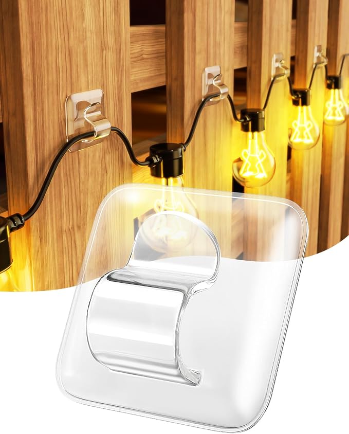 LZC Hooks for Outdoor String Lights Clips: 50 Pack Square Clear Large Heavy Duty Light Hook Waterproof Adhesive Strips - Outside Hanging Rope Light Cable Cord Holders Organizer