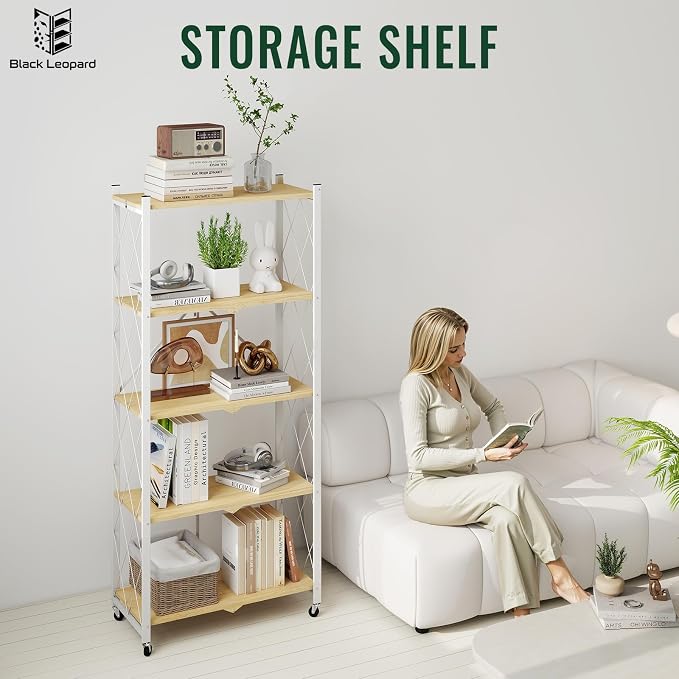 black leopard 5-Tier Foldable Shelf with Wheels, Wood-Grain Steel Shelves | Pre-assembled frame unfolds in seconds with tool-free wheel setup for fast, convenient use