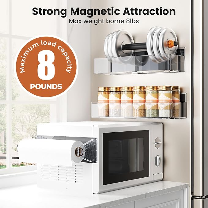 Mystozer Magnetic Spice Rack for Refrigerator,7 Pack Magnetic Shelf,Fridge Magnet Organizer with Paper Towel Holder,Utensils Racks,Hook Rack,Fridge Organizers and Storage Clear(7 Pack)