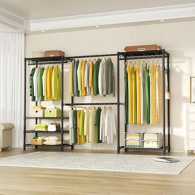 Ulif E1 Heavy Duty Closet Garment Rack, 6 Tiers Adjustable Metal Freestanding Expandable Clothing Storage with 4 Hanger Rods, Easy to Assemble Wardrobe Suit for 70 to 88.2" Space, 14"D x 71.4"H, Black