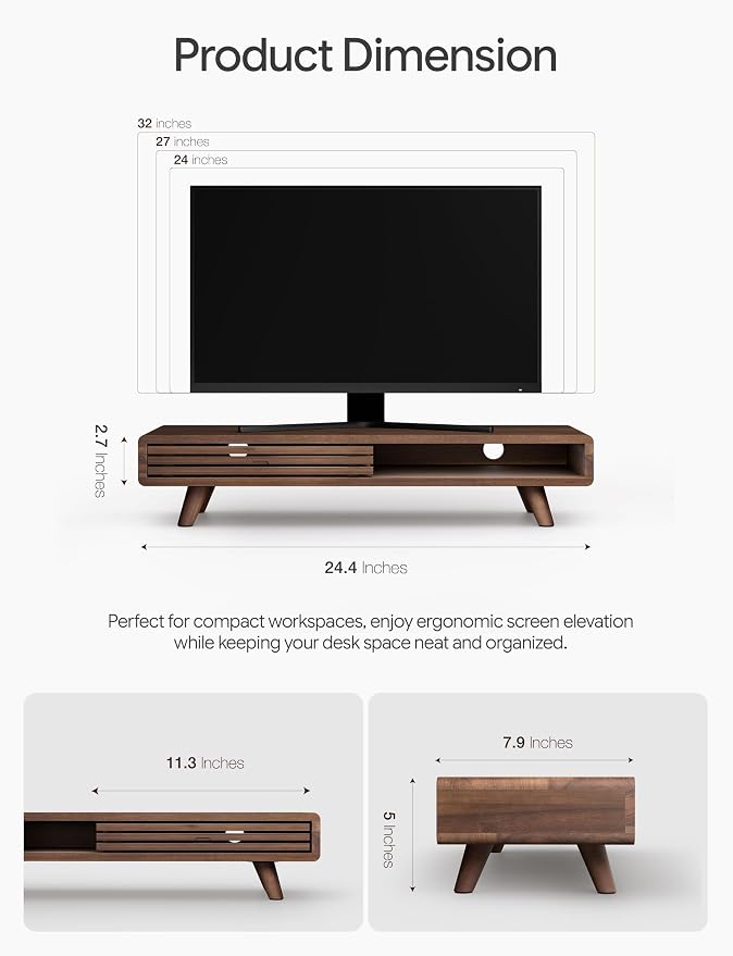 Tinamo 24" Wooden Monitor Stand Riser with Storage Organizer, Walnut Color | Acacia Wood, Sliding Door, Cable Management, Fits up to 32" Monitors, Multi-purpose Storage, Used for Computer, Laptop, TV