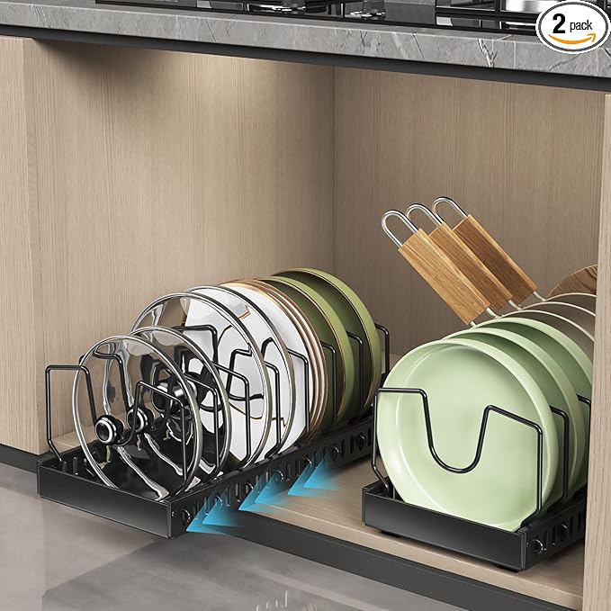 Black 2 Pack Pot Lid Organizer, Pull Out Cabinet Rack, 16 Dividers | 2-pack black carbon steel rack, 16 adjustable dividers, quiet slide rails, adhesive or screw mount for lids, pans, bakeware