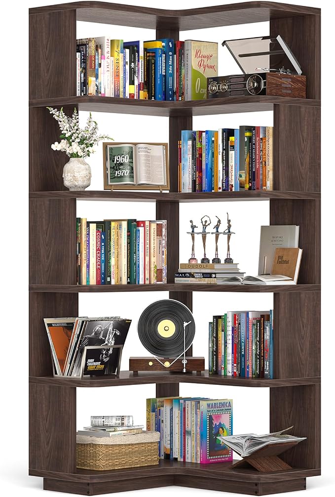 Armocity Corner Book Shelf - 6-Shelf Corner Bookshelf Etagere Bookcase with Baffle, Freestanding L Shaped Display Shelf Stand for Home Office, Living Room, Bedroom, Kitchen, Black Walnut