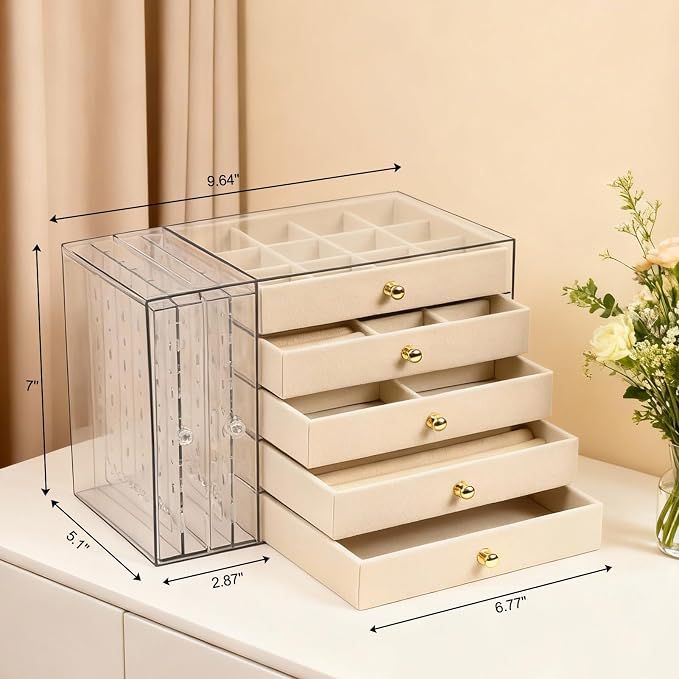 Greenfeather Jewelry Organizer and Storage with 7 Removable Drawers, Clear Acrylic Jewelry Box with 16 Necklace Hooks 48 Pairs of Earring Holes 5 Velvet-Lined Drawers for Rings Bracelets Necklaces