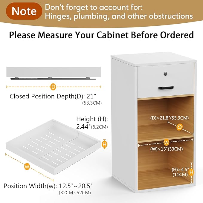 2 Pack 21" Deep Pull Out Cabinet Organizer, Expandable(12.5"-20.5") Slide Out Drawer, Pull Out Drawer Storage Organizer with Adhesive for Kitchen Bathroom Home, White