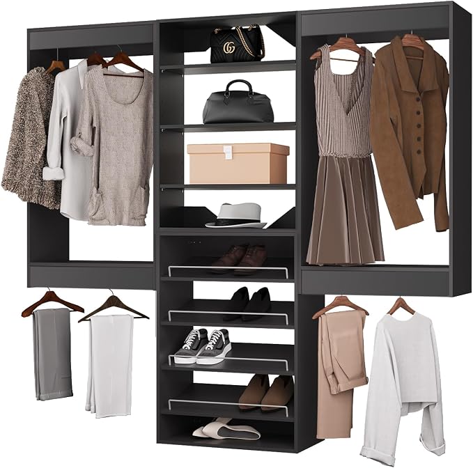 ROOMTEC Modular Closet System, 66" Wall Mounted Closet Organizer with Hanging Rods and Shoe Shelf, Wooden Tower for Walk-In Closets, Wardrobe Storage Kit, Black