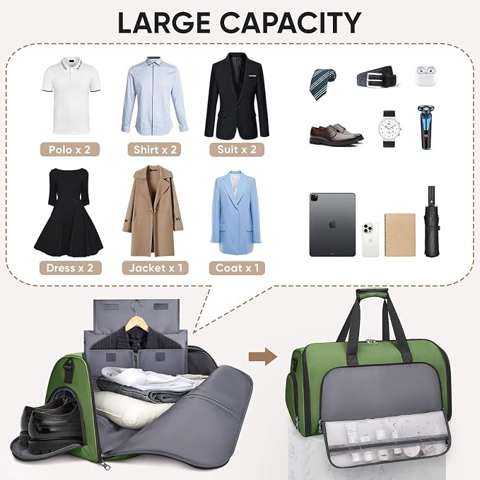 BALEINE Travel Garment Bag, Travel Suit Bag for Men, Water Resistant Carry on Garment Bag for Hanging Clothes, Garment Duffel Bag for Travel Business (Green-Convertible)