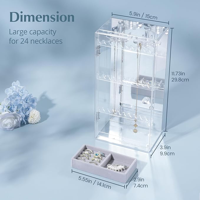 Lolalet Earring Holder Organizer, Acrylic Jewelry Organizer Rotating Clear Earrings Display Box, Dust-proof Jewelry Storage Case with Velvet Tray -Earringmirror