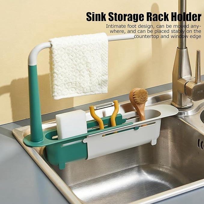 Telescopic Sink Storage Rack, Retractable Sink Drainer with Bracket and Crossbar Telescopic Kitchen Over Sink Organizer with Towel Hanger for Kitchen (Green)
