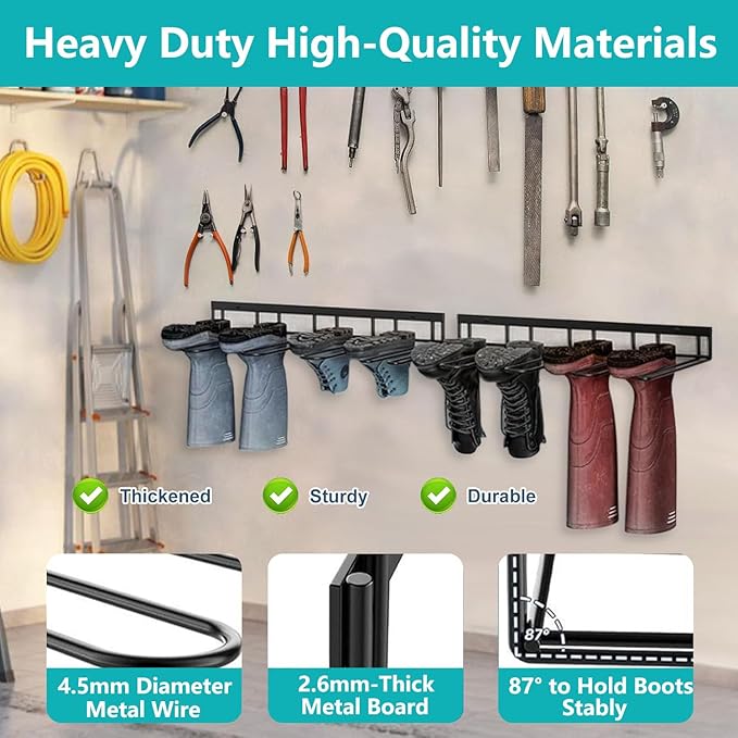 Boot Rack - 8-Pair Wader Hangers Wall Mount Cowboy Boot Hangers - Wall Boots Holder Storage Organizer for Closet, Entryway, Indoor, Garage 4 Pack