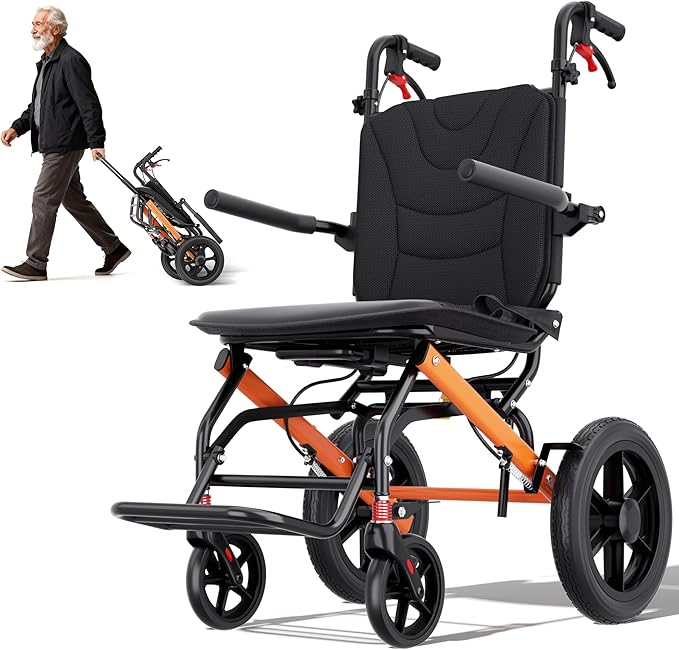 Wheelchairs for Adults,Transport Wheelchair Lightweight Foldable with Removable Cushion,Ergonomic Transfer Chair with 12-inch Rear Wheels for All Terrains,Travel Wheelchair
