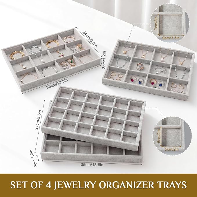 Unittype Set of 4 Stackable Jewelry Organizer Tray for Drawer Inserts Velvet Necklace Earring Bracelet Ring Holder Jewelry Display Storage Box for Bangle Stud Necklace Ring(24+12 Grid,Gray)