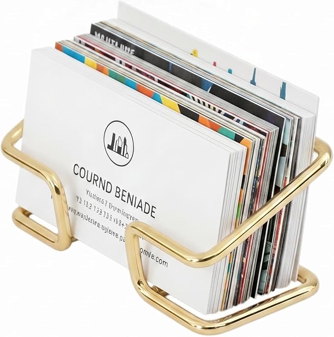 Business Card Holder for Desk, Metal Name Card Display Stand | Shiny Plated Metal Desk Organizer for Office, Front Desk, Stationery Shop