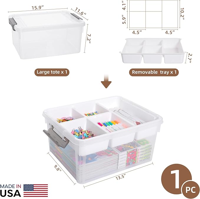 Citylife 17 QT Plastic Storage Box with Removable Tray Craft Organizers and Storage Clear Storage Container for Organizing Bead, Tool, Sewing, Playdoh, Coloring Books, Markers