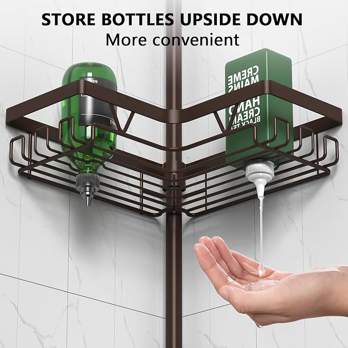 DAOYA Corner Shower Caddy Tension Pole Bronze Tension Rod Shower Organizer | 4-Tier Stainless Steel Showe Shelf, with Soap Holders & Side Hooks, for Bathroom/Tub, Adjustable 25-114inch, Space Saving