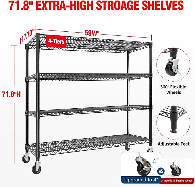 Garvee 4-Tier Metal Shelving with 4" Wheels, 2640LBS Storage Shelves | 71.8"Hx59"Wx17.7"D, Heavy Duty, Wire Shelving Units, Adjustable, Garage Storage Rack, for Kitchen Basement Pantry