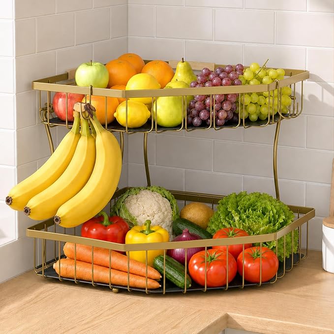 2 Tier Fruit Basket for Kitchen Counter - Detachable Metal Fruit Bowl with 2 Banana Hangers for Corner , Large Capacity Fruit Stand with Wooden Handle for Bread Fruit and Vegetable Storage - Gold
