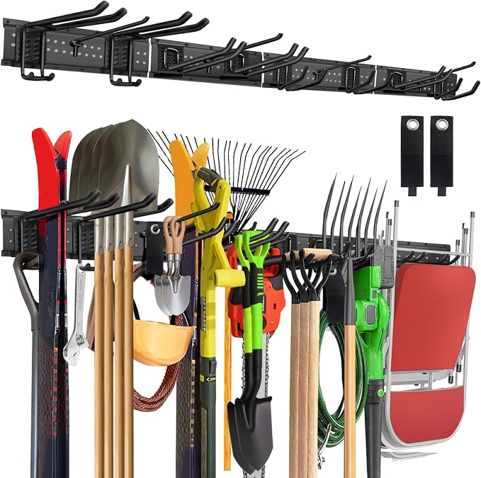 Garage Tool Organizer Wall Mount, 64in Tool Rack, 560LBS Capacity | Solid Steel, 12 Hooks in 4 Types, Rustproof Waterproof, Soft Anti-Scratch Hooks, With Storage Straps, For Garden Tool Storage