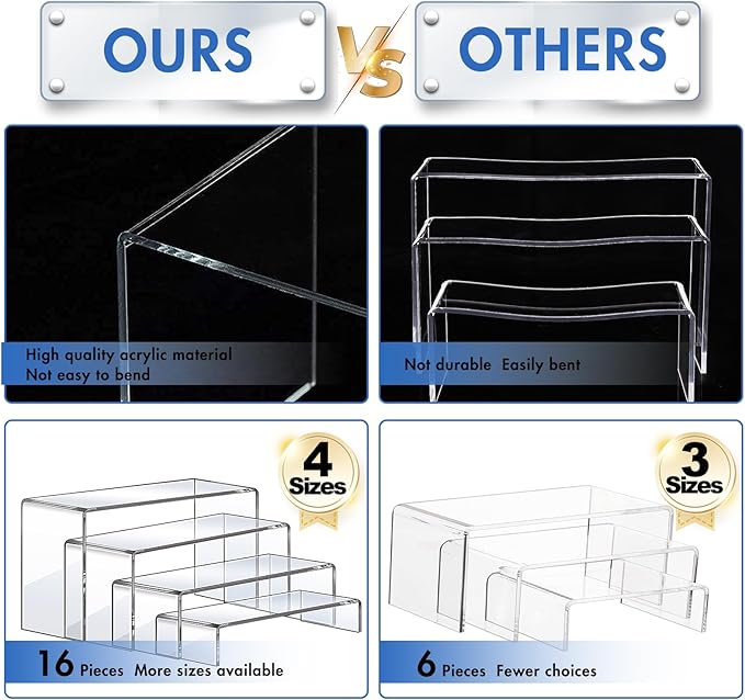 Aheroi Acrylic Risers Display Stands, Acrylic Stands for Display 16Pcs 4Set | Clear Risers Display Stands, Acrylic Display Shelf,Dessert Table Display Set Cupcake Candy Shoe Showcase Stands (7”L~8”L~9”L)
