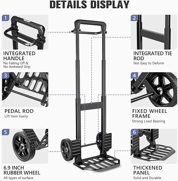 KEDSUM Folding Hand Truck Dolly, 460lbs Capacity Dolly Cart with Wheels for Warehouses, Homes, and Offices, 7" Solid Rubber Wheels & Height 49.2 inch, Telescoping Handle