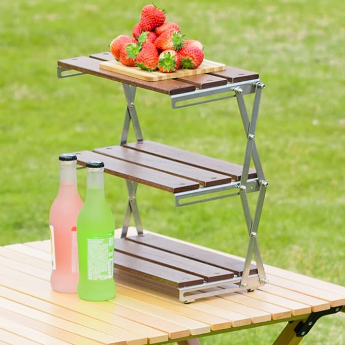 Topyond 3-Tier Storage Shelf Racks, Folding She lf Storage Rack, Strong Load Bearing Fine Polishing Metal Beech Wood Camping Organizer for Outdoor Camping(Chrome-Plated Shelf)