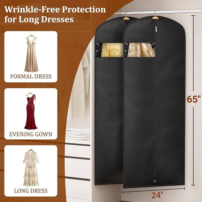 KIMBORA 65" Dress Bags for Gowns Long Garment Bags for Hanging Clothes with Clear Window, Foldable Wedding Dress Cover for Closet Storage and Travel (2 Packs, Black)