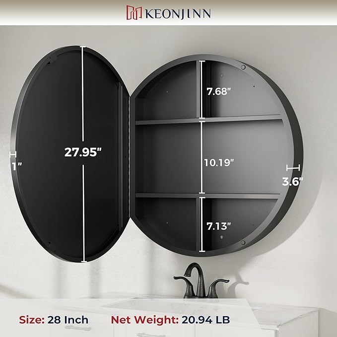 Keonjinn 28 x 28 Inch Round Black Mirror Medicine Cabinet Wall Mounted, Circular Modern Medicine Cabinet with Mirror, Black Framed Medicine Cabinets with Mirror, Vanity Bathroom Mirrors with Storage