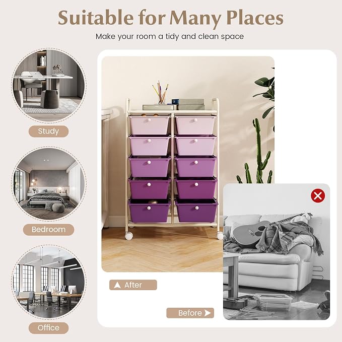 Moccha 10-Drawer Rolling Storage Cart - Under Desk Storage Drawers with wheels for Craft Art Supply Paper Salon, Scrapbook Paper Tools, Mobile Utility Cart for Classroom, Gradient Purple