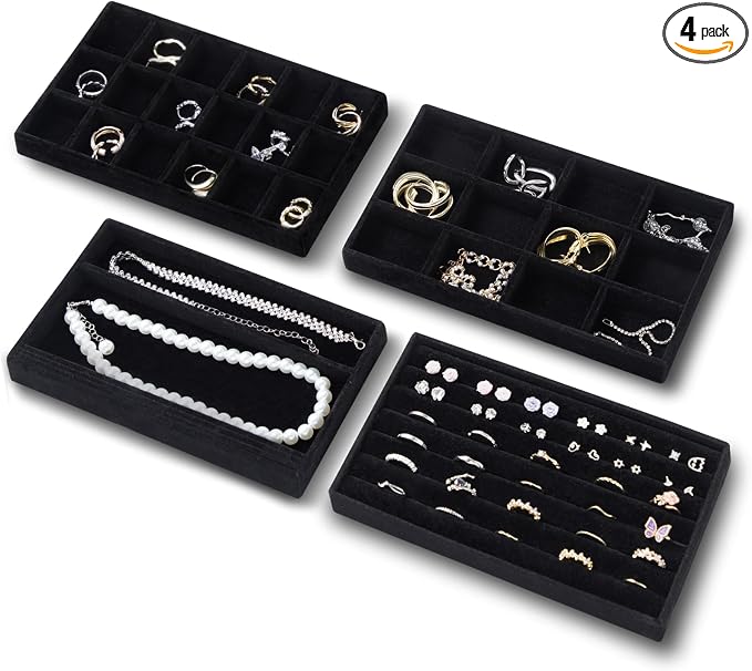 Velvet Jewelry Organizer Trays Set of 4,8.3"x4.9"x0.9",Stackable Storage Drawer Organizers Trays for Earring Ring Necklace Jewelry Display Case(4 Set,Black)