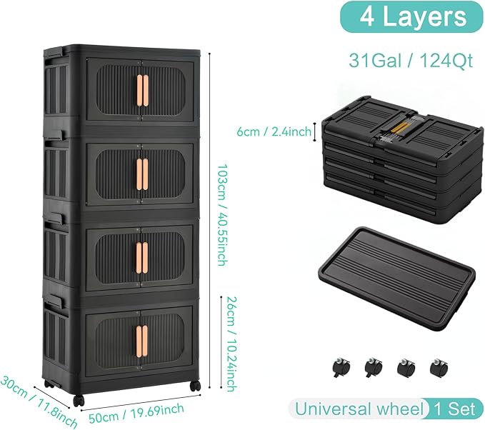 Foldable Storage Cabinet，Plastic Cabinet，Stackable Storage Bins， Open Front with Magnetic Door and Wheels(Black - 4Tiers)