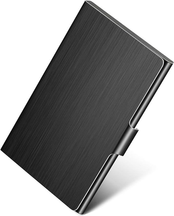 MaxGear Metal Business Card Holder for Men & Women, Professional Stainless Steel Card Case for Business Cards, Slim Purse Name Card Holders with Interior Lining, Buckle Style Shut, Black