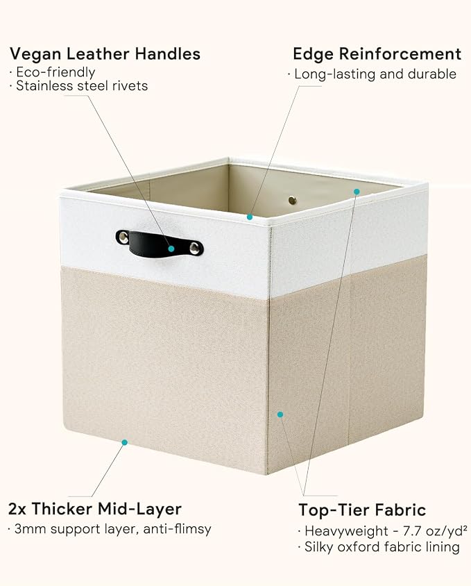 Cube Storage Bins | 13"x15"x13", Beige & White, 4 Pack | Multi-Size | 2X Thick Support Board | Vegan Leather Handles | 7.7 oz/yd² Fabric | Drawer Insert Basket Fits KALLAX