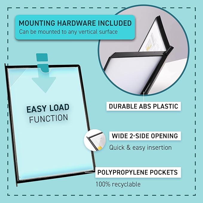 Tarifold Wall Mount Reference Organizer Display System, 10 Double-Sided Pockets, 20 Sheet Capacity, Durable Metal Base, Expandable, Easy-Load Polypropylene Pockets, Black