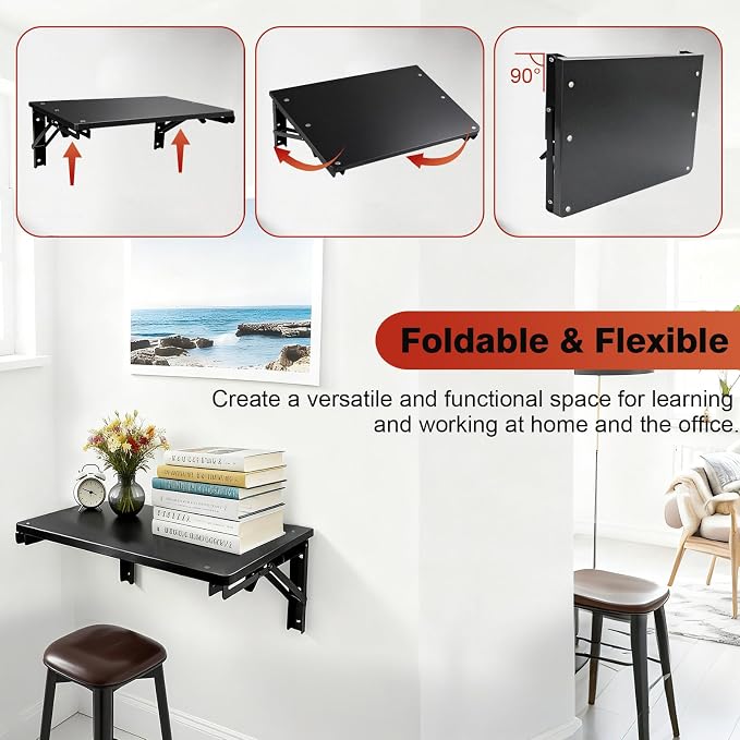 Folding Shelf Wall Mounted, 16.5inches Floating Desk for Small Space | Wooden Fold Down Projector Shelf, 2pcs Heavy-Duty Brackets Holds Up to 55lbs for Bedside, Living Room, Home Office, Kitchen