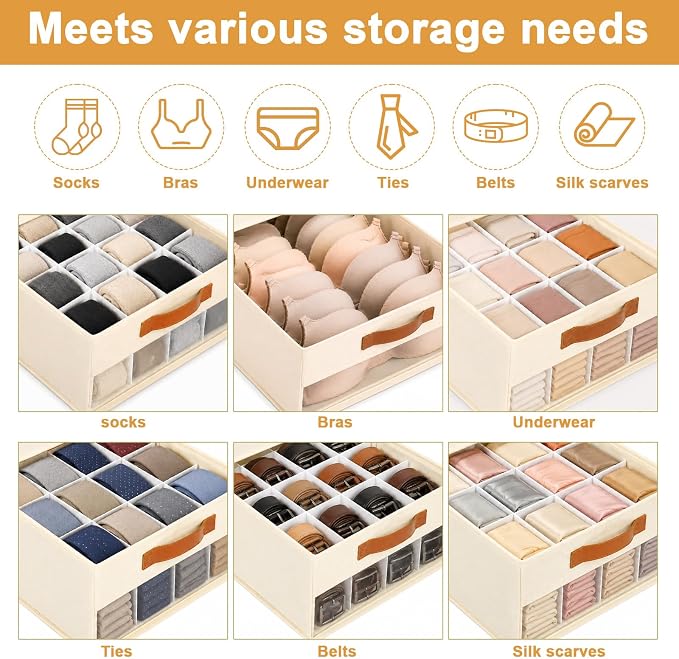 Minimalist Home DIY Underwear Drawer Organizer-Dustproof Sock Organizer with 6pcs Drawer Divider Adjustable Cream White Stackable Closet Storage Bins for Bra Socks Ties