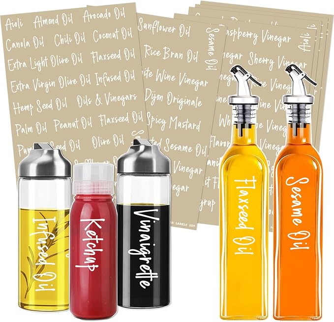 138 Oil and Vinegar Labels for Bottles, White Script Clear Preprinted Condiments Stickers for Squeeze Dispensers Kitchen Pantry Organization, Waterproof & Oil-Proof