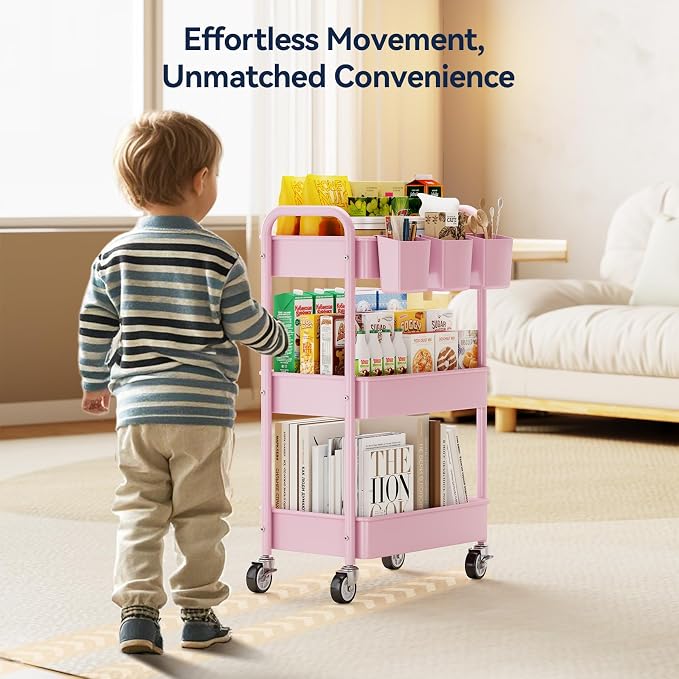 YASONIC 3-Tier Metal Rolling Cart, Heavy Duty Utility Cart with Lockable Wheels, Hanging Cups, Hooks, Mesh Rolling Storage Cart Craft Organizer, Lightweight and Sturdy, Pink