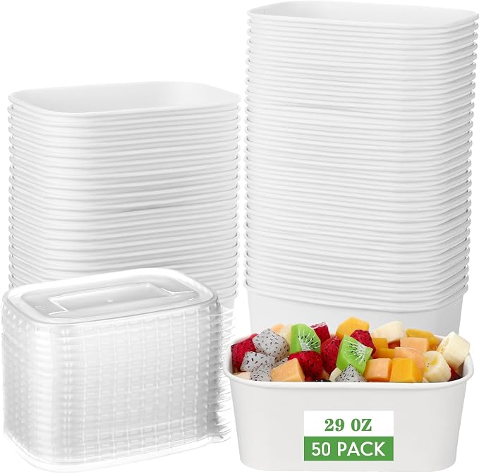 Maxdot 50 Pack 29 oz Disposable Food Containers with Lids Paper Food Containers Bowls for Meal Prep, Salad, Ice Cream, Yogurt, Soup Bowls Party Leftover Box