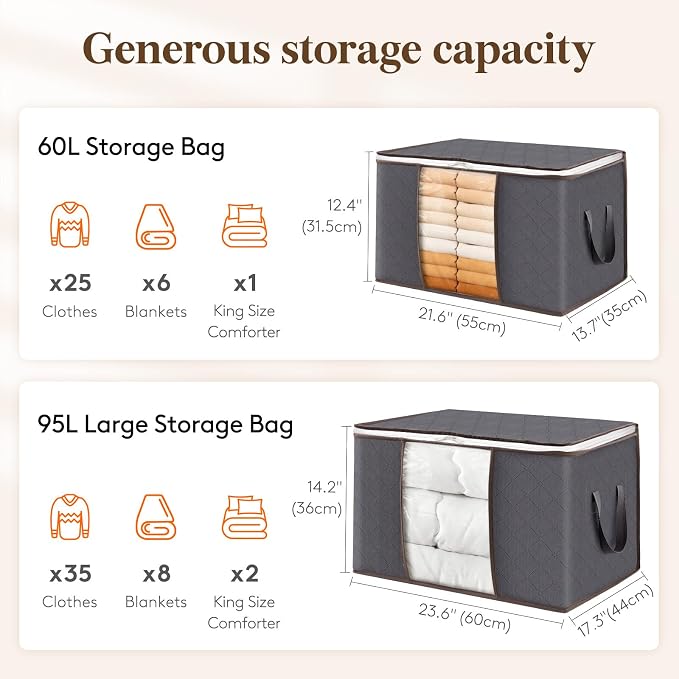 Lifewit 3 Pack 60L Clothes Storage Bins with Lids, Foldable Blanket Storage Bags with Zippers, Clear Window and Reinforced Handles, Closet and Organization for Clothing, Sweater, Comforter, Bedding