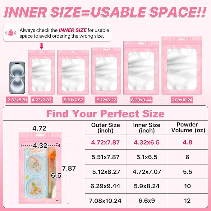 ANZNKU 100 PCS Multicolor Resealable Mylar Bags with Frosted Clear Window Packaging Bags Foil Pouch Zipper Bag for Food Self Sealing Jewelry Storage Supplies (4.72x7.87)