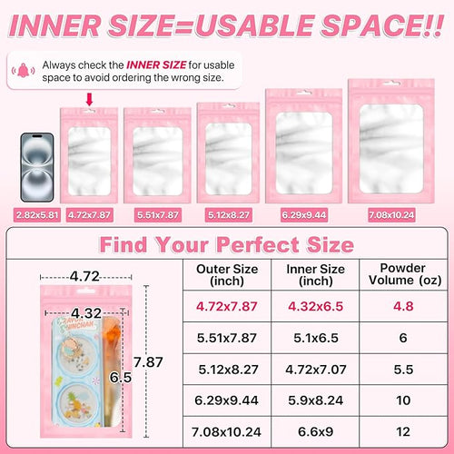 100 PCS Pink Resealable Mylar Bags with Frosted Clear Window Packaging Bags Foil Pouch Zipper Bag for Food Self Sealing Storage Supplies 4.72x7.87