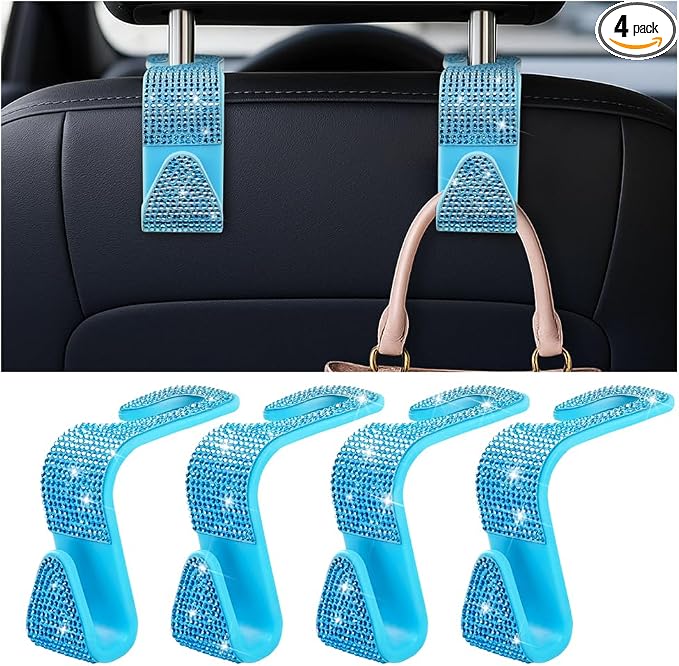 Zpana 4PCS Bling Car Seat Headrest Hooks, Vehicle Back Seat Purse Handbag Hanging Holder with Crystal Rhinestone, Diamond Storage Organizer Hook, Universal Automotive Accessories (Lake Blue)