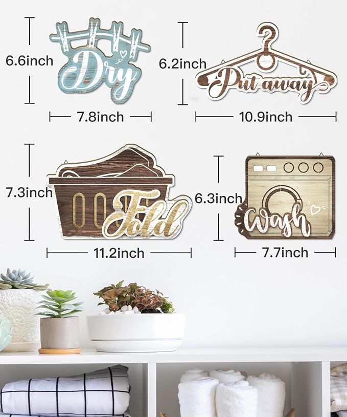 Putuo Decor Laundry Room Wall Decor Set, Farmhouse Style Wash Dry Fold Put Away Signs, Laundry Room Hanging Decor, Decorative Wall Art for Laundromats Home Utility Space