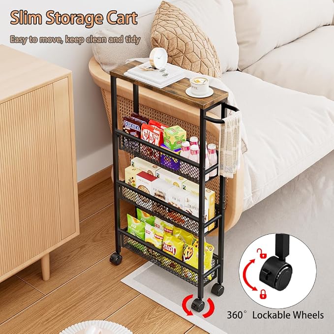 AZERPIAN Slim Rolling Cart 4 Tier Narrow Storage Cart on Wheels with Metal Handle for Kitchen Dining Living Home Office Laundry Room