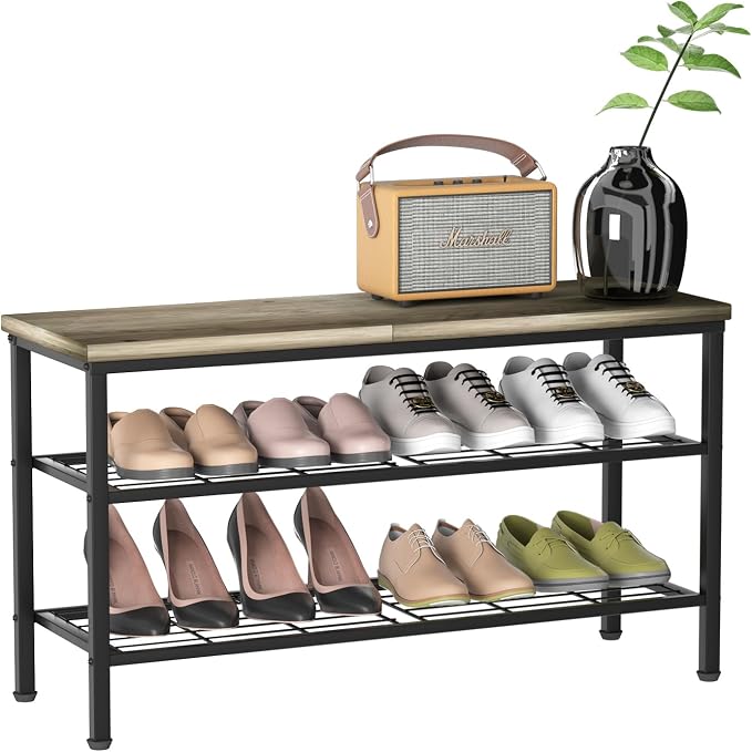 3-Tier Metal Shoe Rack with Wood Top - Durable & Space-Saving Shoe Organizer,Industrial Shoe Organizer Shelf Bench Storagefor Closet Entryway, Bedroom & Hallway - Gray + Black 28.5 W × 18" H