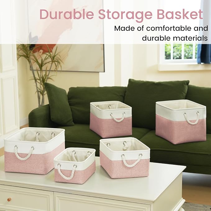 Storage Baskets for Shelves 11.8x7.9x5.2 Inch, Foldable Fabric Storage Bins with Handles, Small Storage Baskets for Organizing Closet, Office, Home Organization (6-Pack, White&Pink)