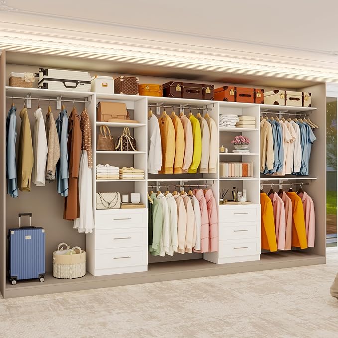 Closet System with 6 Wood Drawers, 5.3FT-8FT-12.3FT Closet Organizer System Storage Storage Adjustable with 6 Cuttable Shelves & 6 Expandable Hanging Rods, Walk in Closet, 2 Sets , White