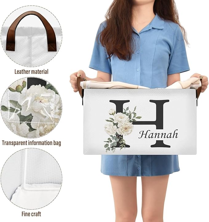 Personalized Storage Basket with Handles&Clear Labels Folding Laundry Basket Floral Custom Name Basket Collapsible Cubes Organizer Bins for Home Wedding Gifts Kids Room Shelf Closet, 2 Pack