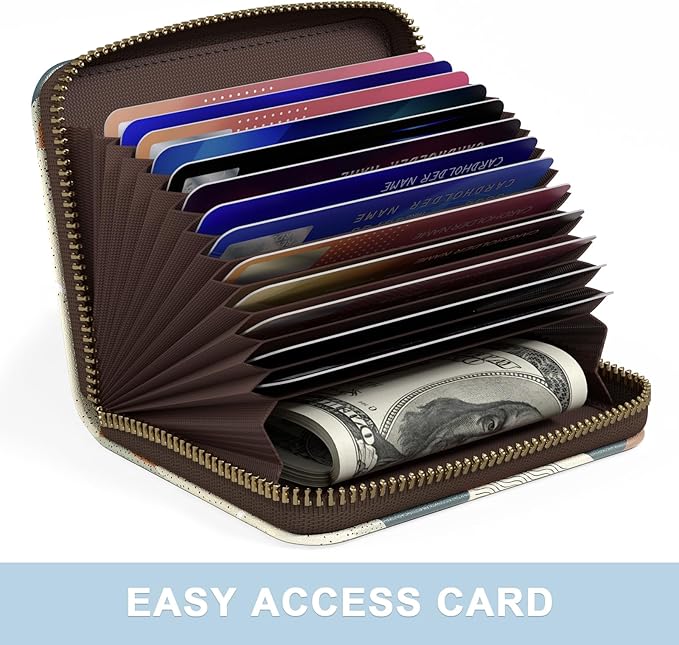 Aiawoxc Credit Card Holder, Small RFID Wallet Slim Leather Card Organizer Case with Zipper and Wristlet Strap, Abstract Boho Leaf