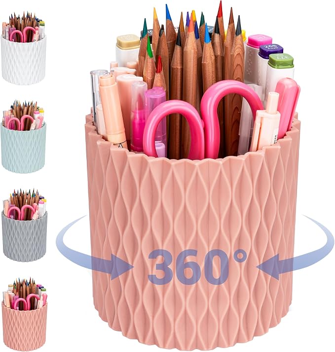 Pencil Holder - 360° Rotation, 5 Slot Desk Supplies For Women Office Aesthetic. Pencil Holder For Office&School, Desk Accessories(Pink)